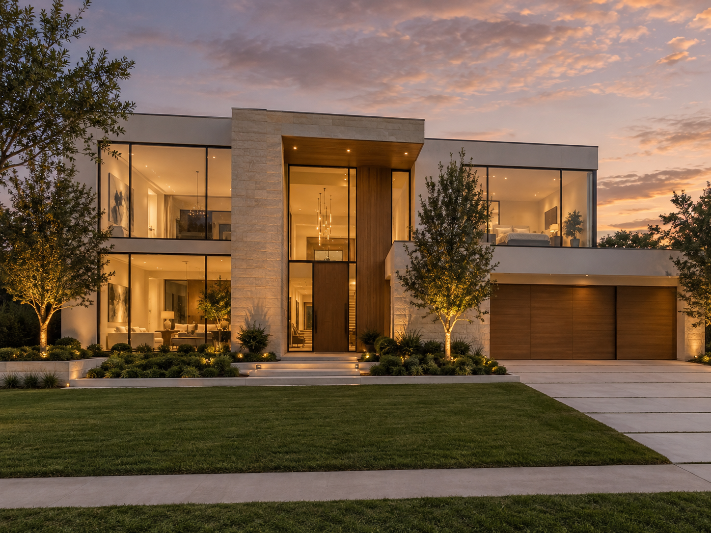 Houston home with large windows at dusk